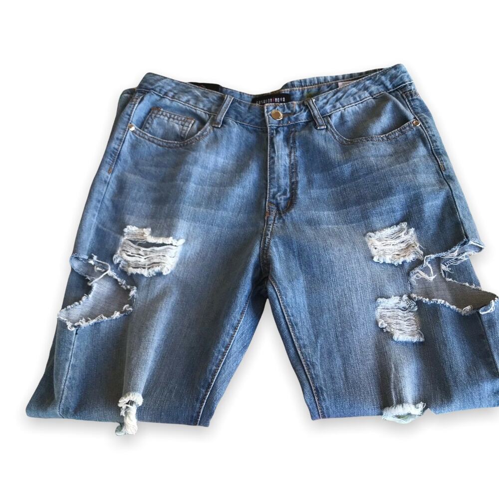 Fashion Nova Womens Juniors Jeans Size 31‎ 11 DESTROYED Big Holes Blue Denim NEW